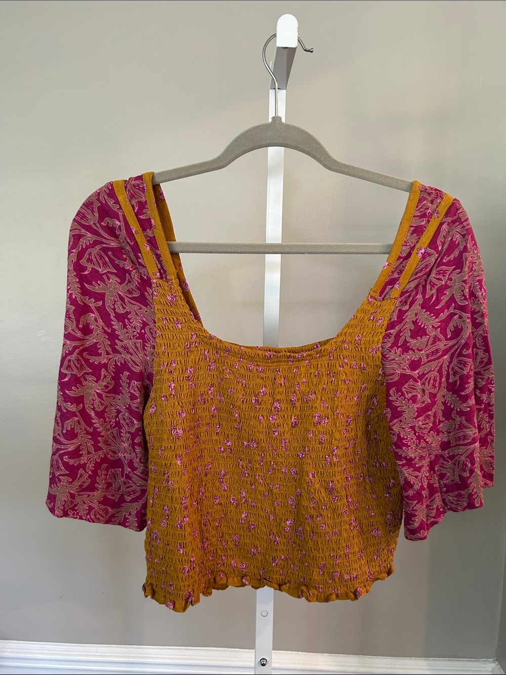 Free People Mustard Smocked Crop Top with Pink Patterned Sleeves